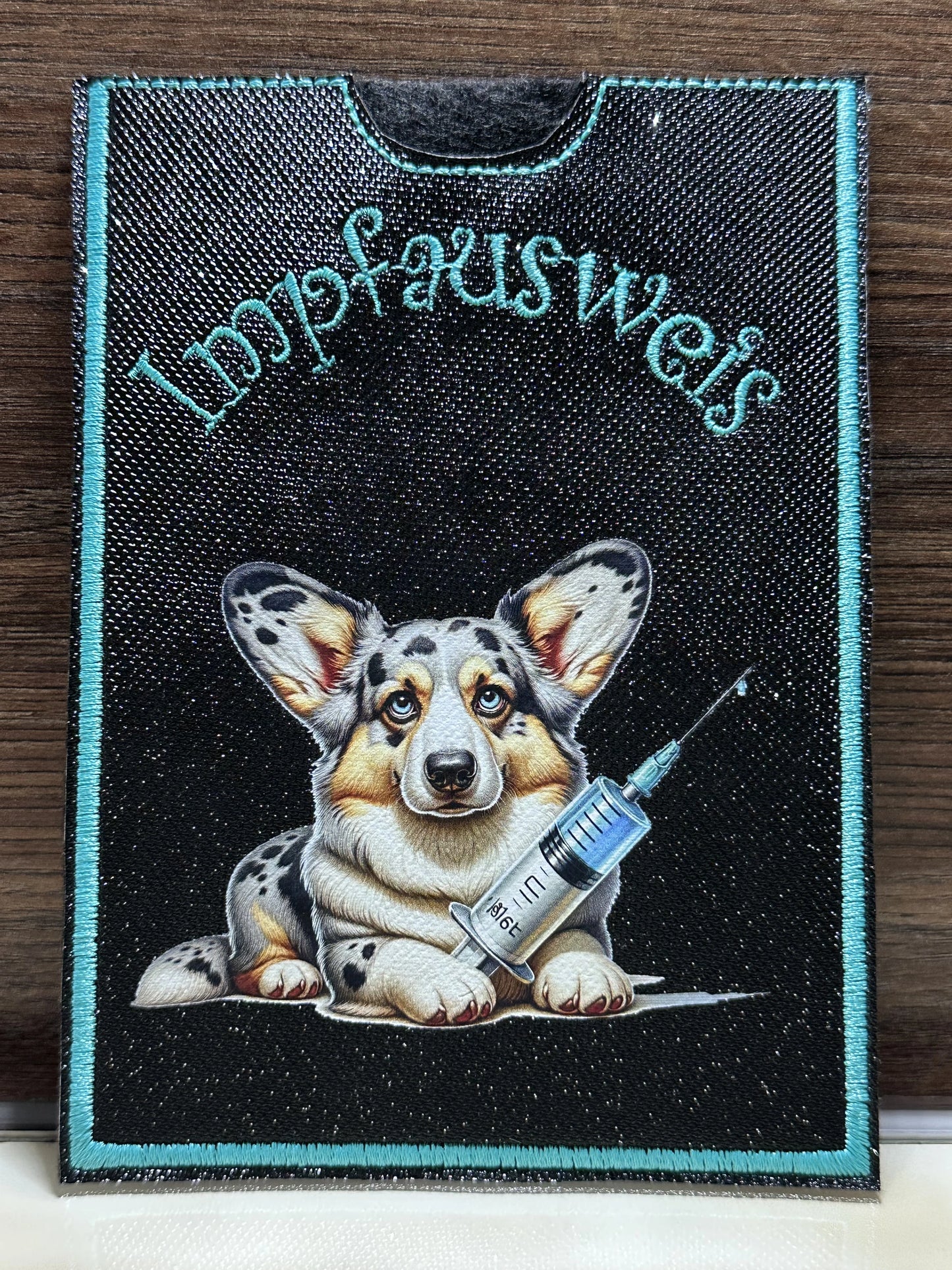 Impfpasshülle Hund Welsh Corgi Cardigan Motiv auf schwarzem Glitzer Kunstleder
