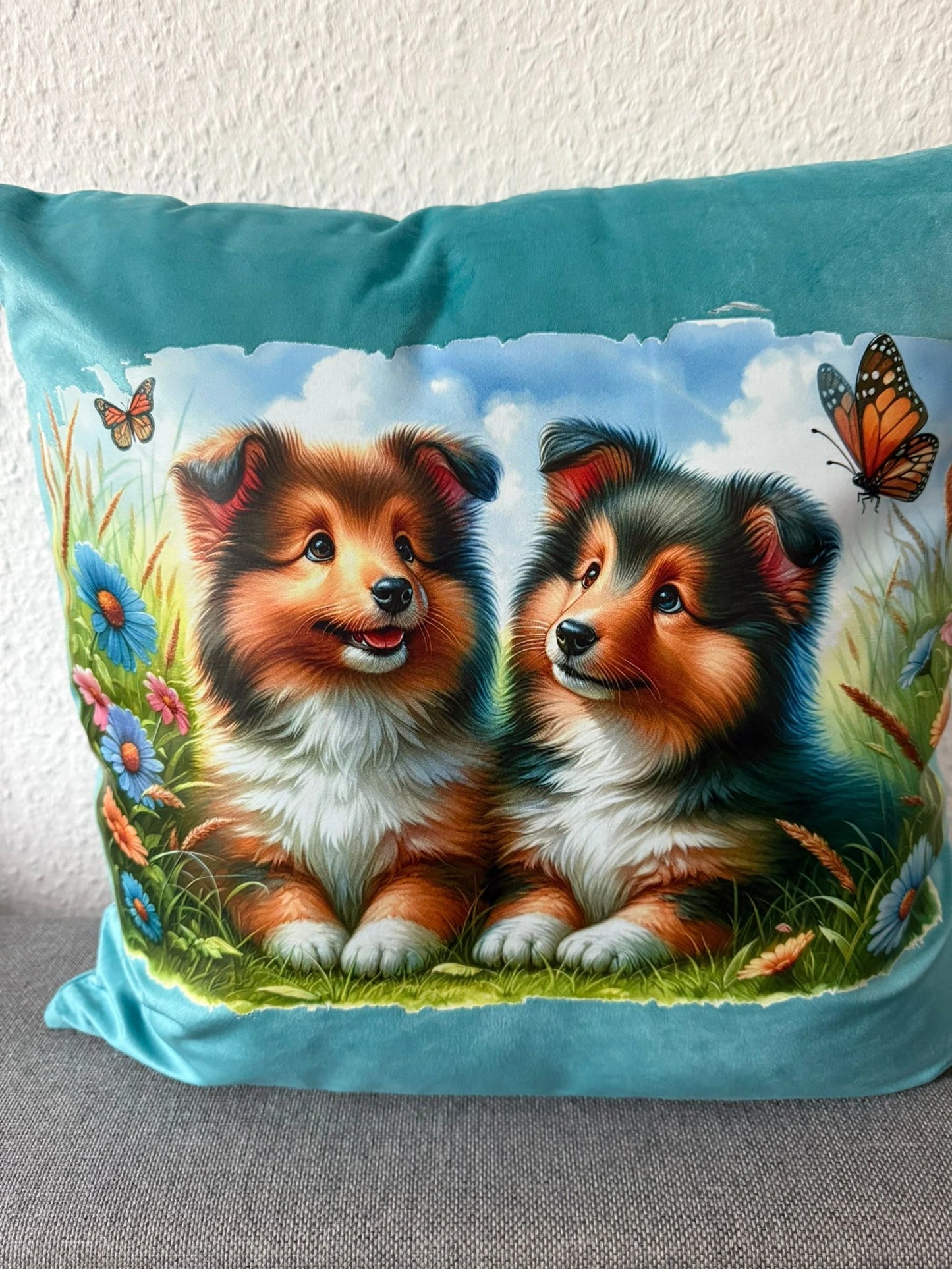 Sheltie - Dekokissen – 45x45 cm – Welpen Duo