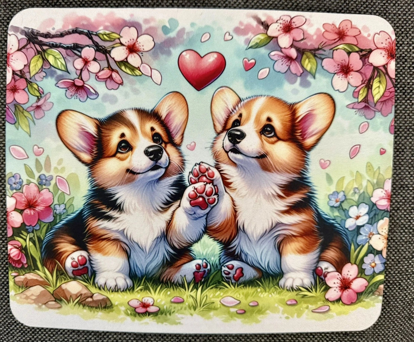 Mousepad mit Corgi Motiv, zwei Hunde zwischen Blumen und Herz, romantisches Frühlingsdesign 24 × 20 cm, rutschfest, Lieblingshund.de