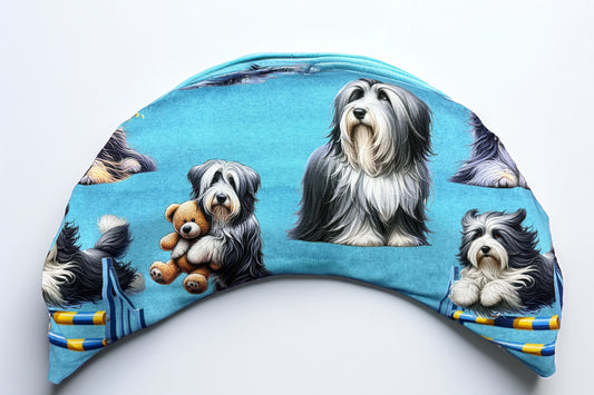 Entspannungskissen Bearded Collie – Vorderseite mit Collie und Teddybär auf Türkis