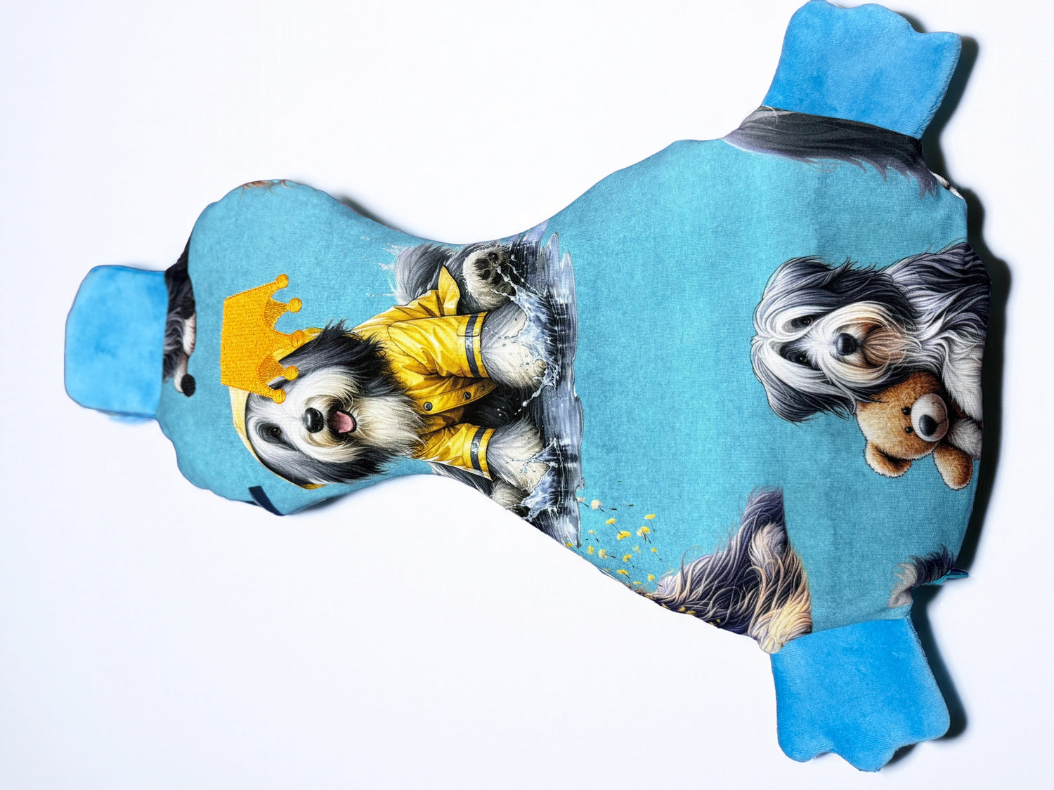 Handgenähtes Entspannungskissen in Entenform mit Bearded Collie Motiv. Mit Bio-Hirse und Lavendel – Bezug abnehmbar, ideal zum Relaxen.