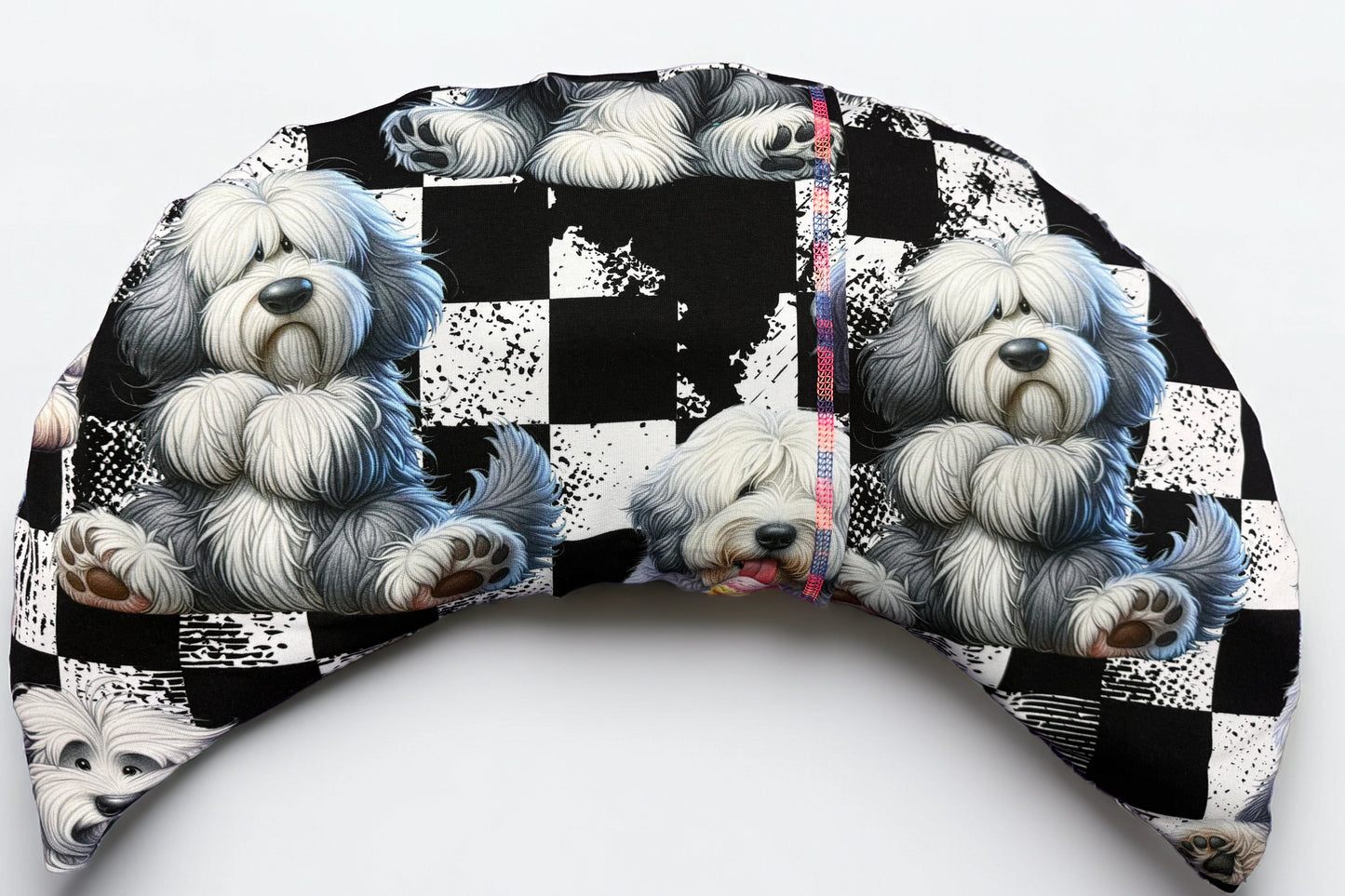 Entspannungskissen Old English Sheepdog – Vorderseite aus French Terry mit Bobtail-Motiv