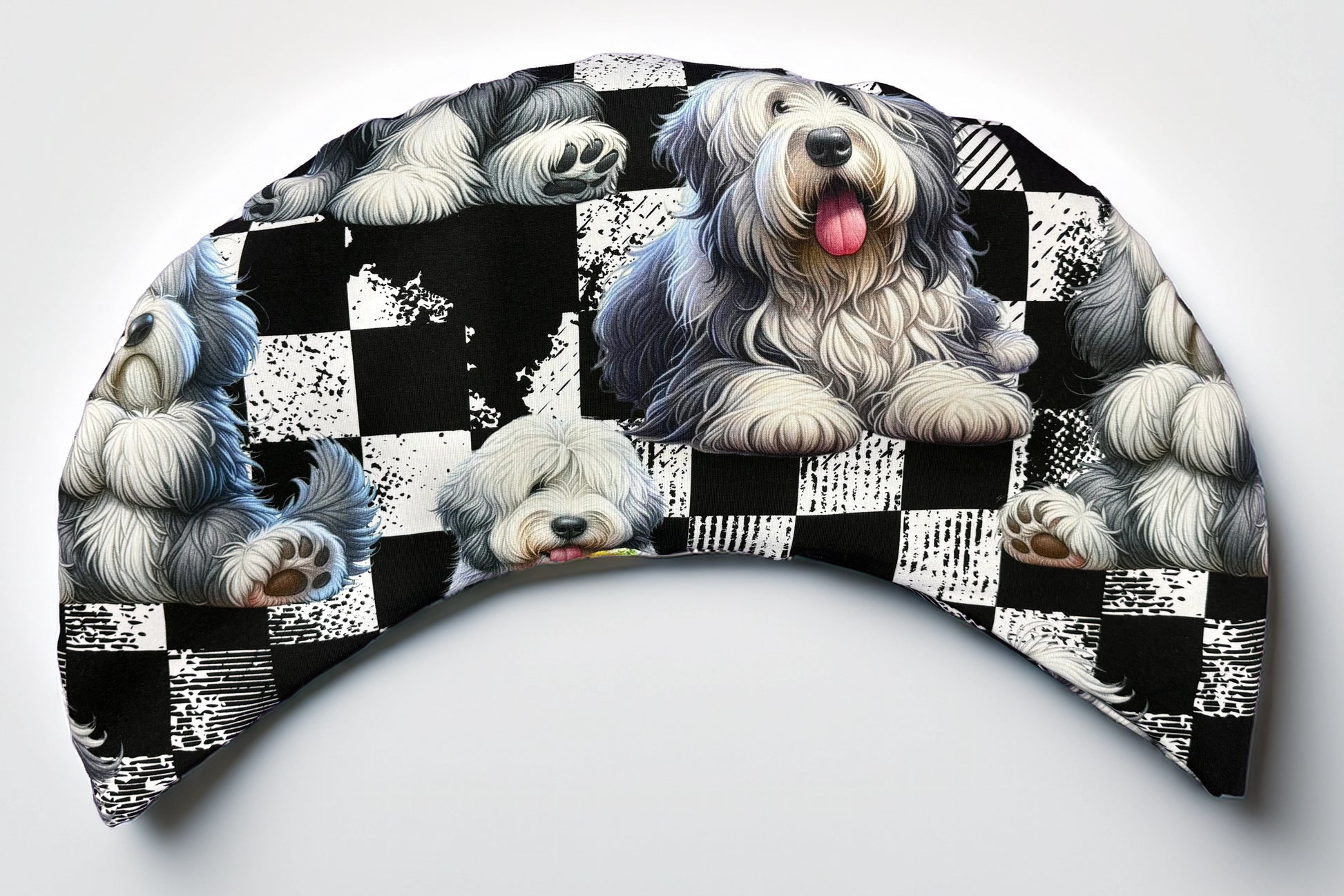 Entspannungskissen Old English Sheepdog – Vorderseite aus French Terry mit Bobtail-Motiv
