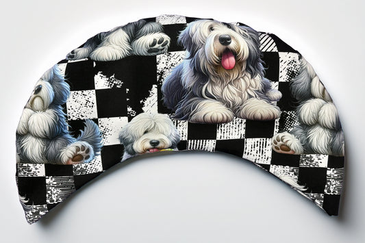 Entspannungskissen Old English Sheepdog – Vorderseite aus French Terry mit Bobtail-Motiv