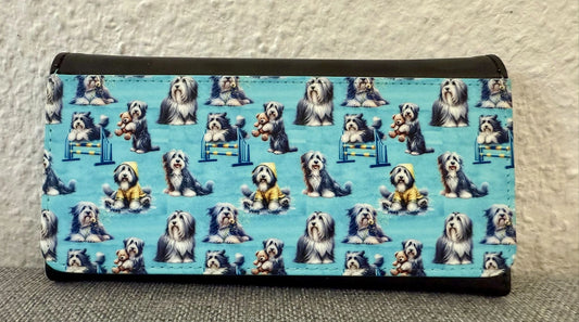 Geldbörse Bearded Collie Aqua Blau mit verspieltem Hundemotiv, Kunstleder ca. 9 × 20 cm, Beardie Geldbeutel mit Karten- und Münzfach, Lieblingshund.de