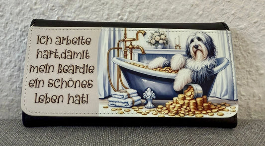 Beardie Bearded Collie Geldbörse 9 × 20 cm mit Spruch-Motiv „Ich arbeite hart, damit mein Beardie ein schönes Leben hat!“, robustes Kunstleder, Lieblingshund.de