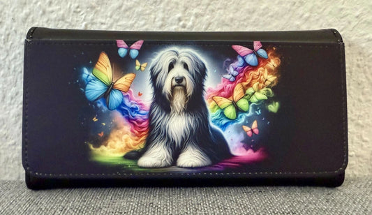 Bearded Collie Geldbeutel 9 × 20 cm mit Schmetterlings-Motiv, robustes Kunstleder Portmonee, Lieblingshund.de
