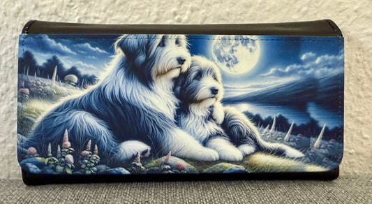 Bearded Collie Geldbörse 9 × 20 cm mit Mondschein-Motiv, zwei Beardies, robustes Kunstleder Portmonee, Lieblingshund.de