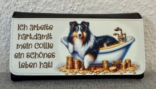 Collie Geldbörse 9 × 20 cm mit Badewannen- und Goldmünzen-Motiv, robustes Kunstleder Portmonee, Lieblingshund.de