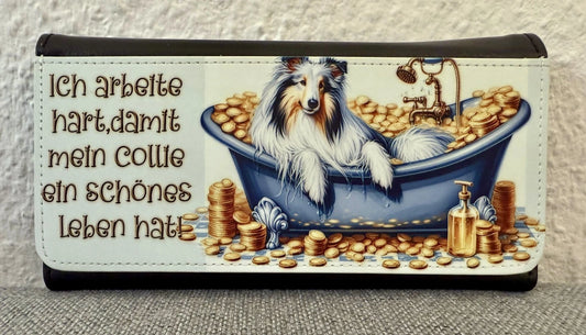 Collie Geldbörse 9 × 20 cm Blue Merle Design, humorvolles Motiv mit Goldbad, robustes Kunstleder Portmonee, Lieblingshund.de