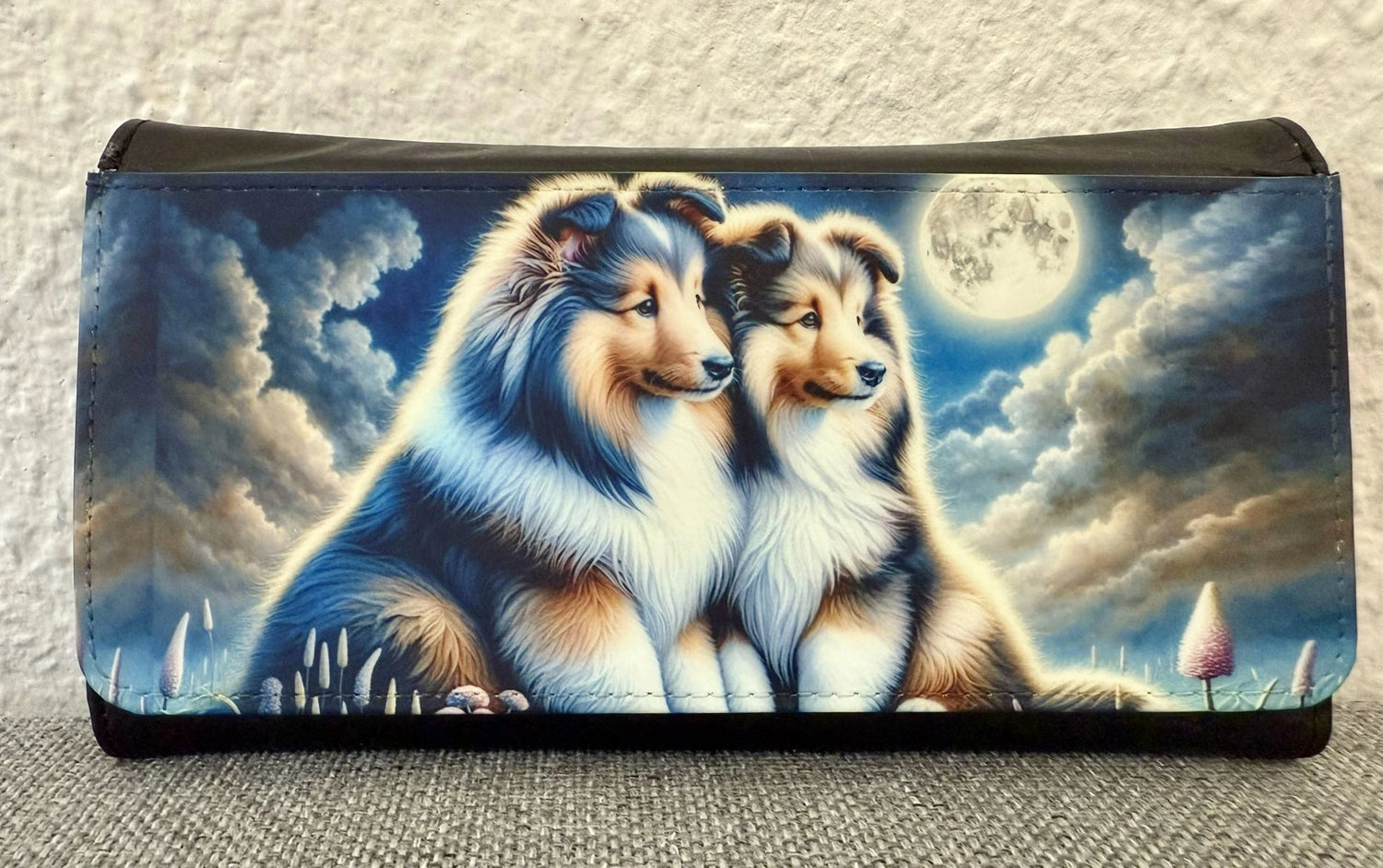 Collie Geldbörse 9 × 20 cm, romantisches Mondlicht-Motiv, robustes Kunstleder Portmonee mit Collie Design, Lieblingshund.de