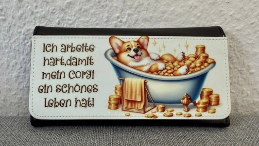 Corgi Geldbörse mit humorvollem Spruch, Hund in Badewanne voller Goldmünzen, Kunstleder ca. 9 × 20 cm, Lieblingshund.de