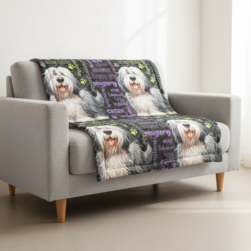 Old English Sheepdog Hundedecke 70x100 cm – beidseitig Motiv „ewig Kind“, French Terry mit 300 g/m² Volumenvlies, handgefertigt für Couch oder Boden.