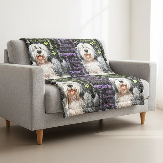 Old English Sheepdog Hundedecke 70x100 cm – beidseitig Motiv „ewig Kind“, French Terry mit 300 g/m² Volumenvlies, handgefertigt für Couch oder Boden.