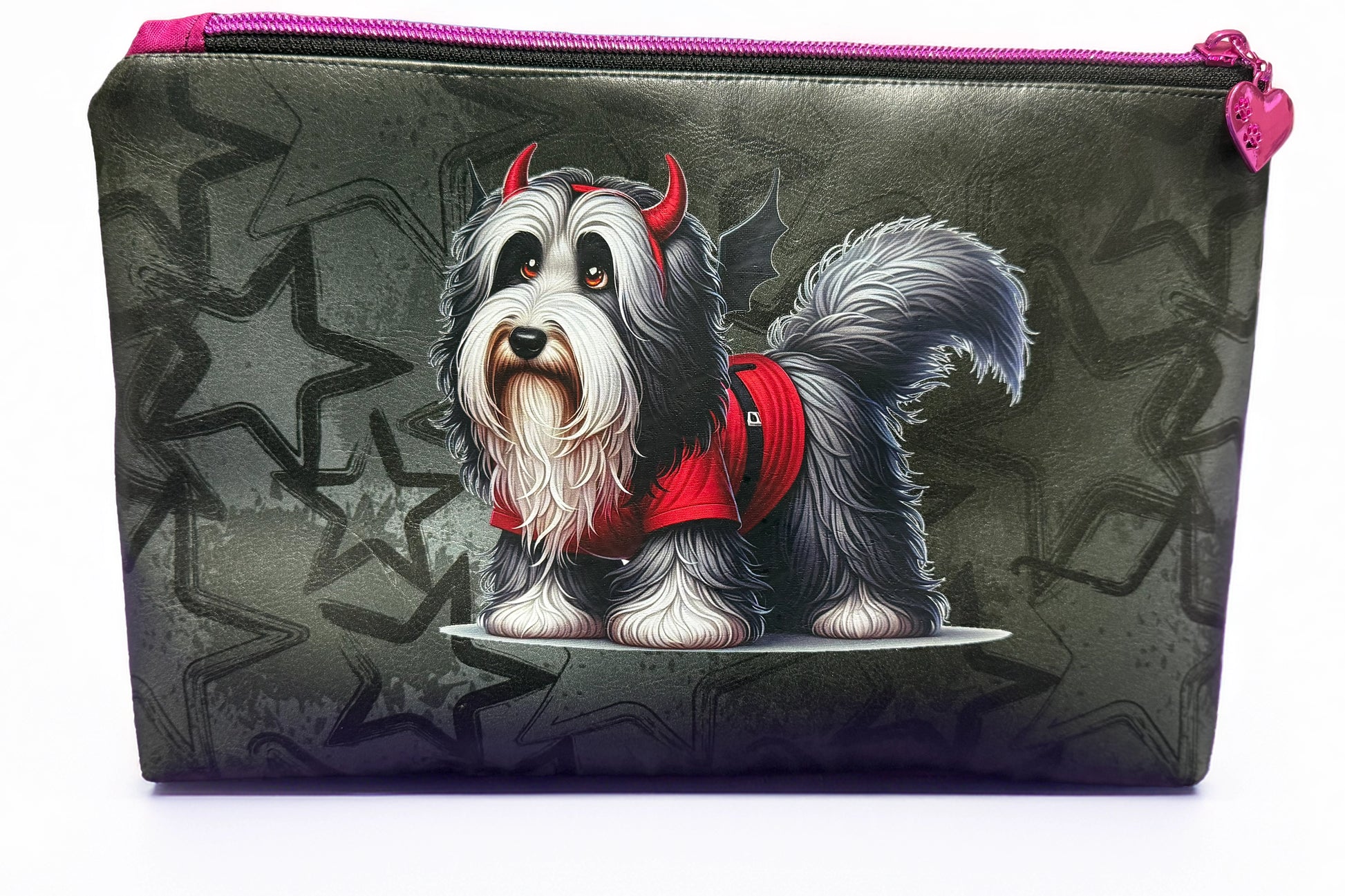 Kosmetiktasche Bearded Collie mit Engelsflügeln, Herz-Zipper, Baumwoll-Innenfutter