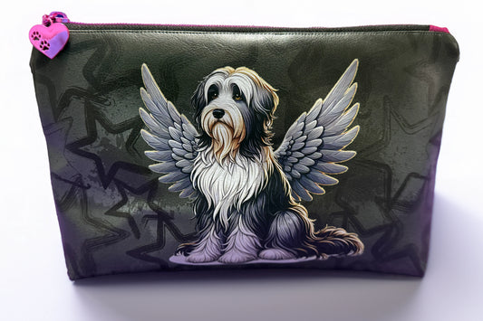 Kosmetiktasche Bearded Collie mit Engelsflügeln, Herz-Zipper, Baumwoll-Innenfutter