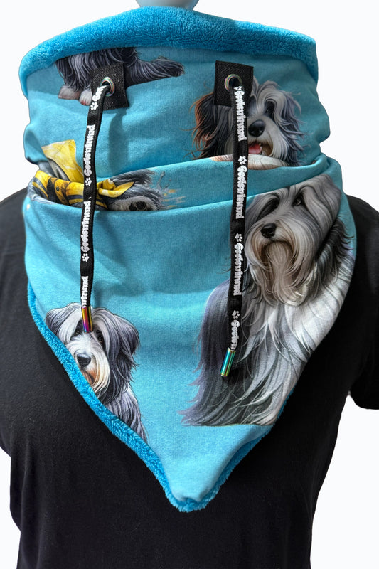 Loop Schal mit Bearded Collie Motiv, handgenäht aus French Terry und Wellnessfleece, mit Seelenhund-Kordel, für Menschen mit Herz für Hunde