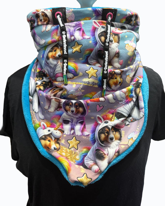 Loop Schal mit Collie-Motiv im Einhorn-Design, handgenäht aus French Terry mit Wellnessfleece, zum Überziehen für Menschen