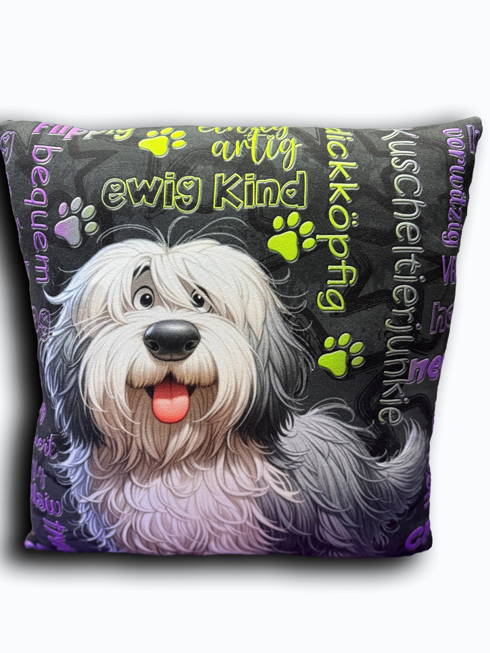 Old English Sheepdog Kissen 45×45 cm – Bobtail Motiv mit Schriftzug „ewig Kind“, beidseitig bedruckt, French Terry mit Reißverschluss