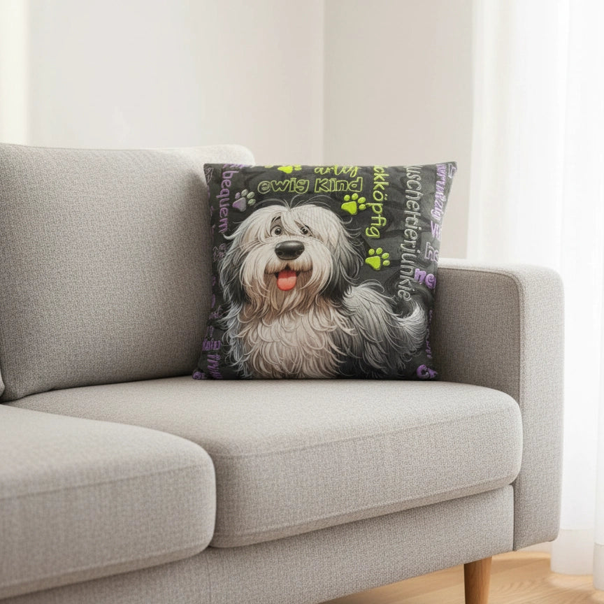 Old English Sheepdog Kissen 45×45 cm – Bobtail Motiv mit Schriftzug „ewig Kind“, beidseitig bedruckt, French Terry mit Reißverschluss