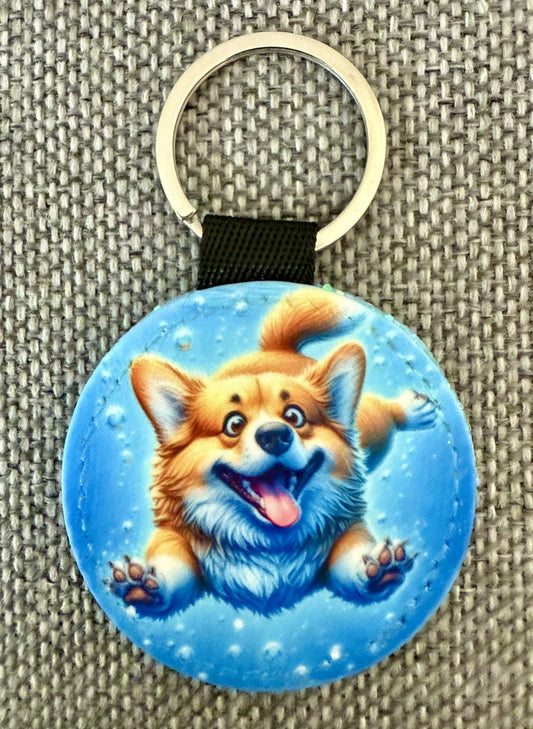 Schlüsselanhänger mit Corgi Motiv, runder Anhänger 5,3 cm, Kunstleder in Blau mit Metallring, Lieblingshund.de