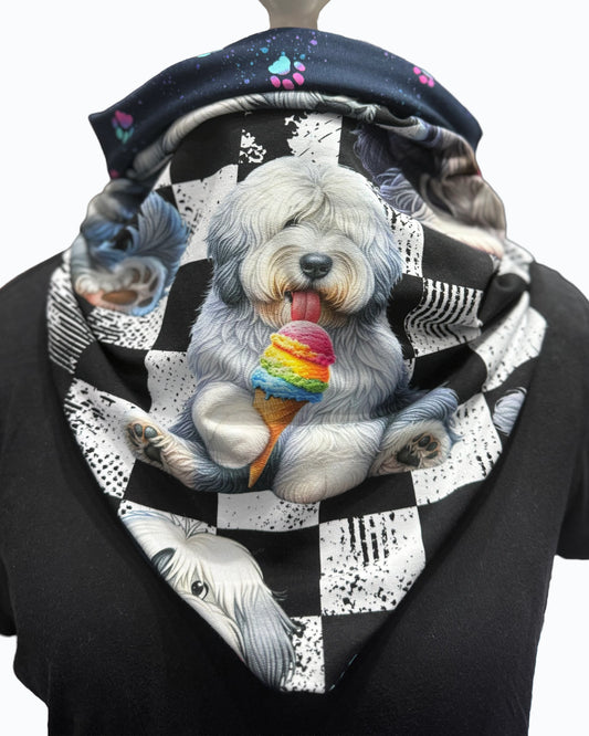 Wendeloop mit Bobtail-Motiv und Eiscreme, beidseitig tragbar aus French Terry, handgenäht für Menschen mit Herz für Hunde.